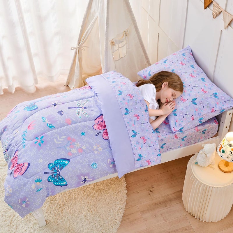 lasoftan Butterfly Toddler Bedding Set for Girls, 4 Piece Bed-in-a-Bag Toddler Comforter Sets, Super Soft Comforter Sheet Set and Comfortable Microfiber Toddler Bed Set - Image 5